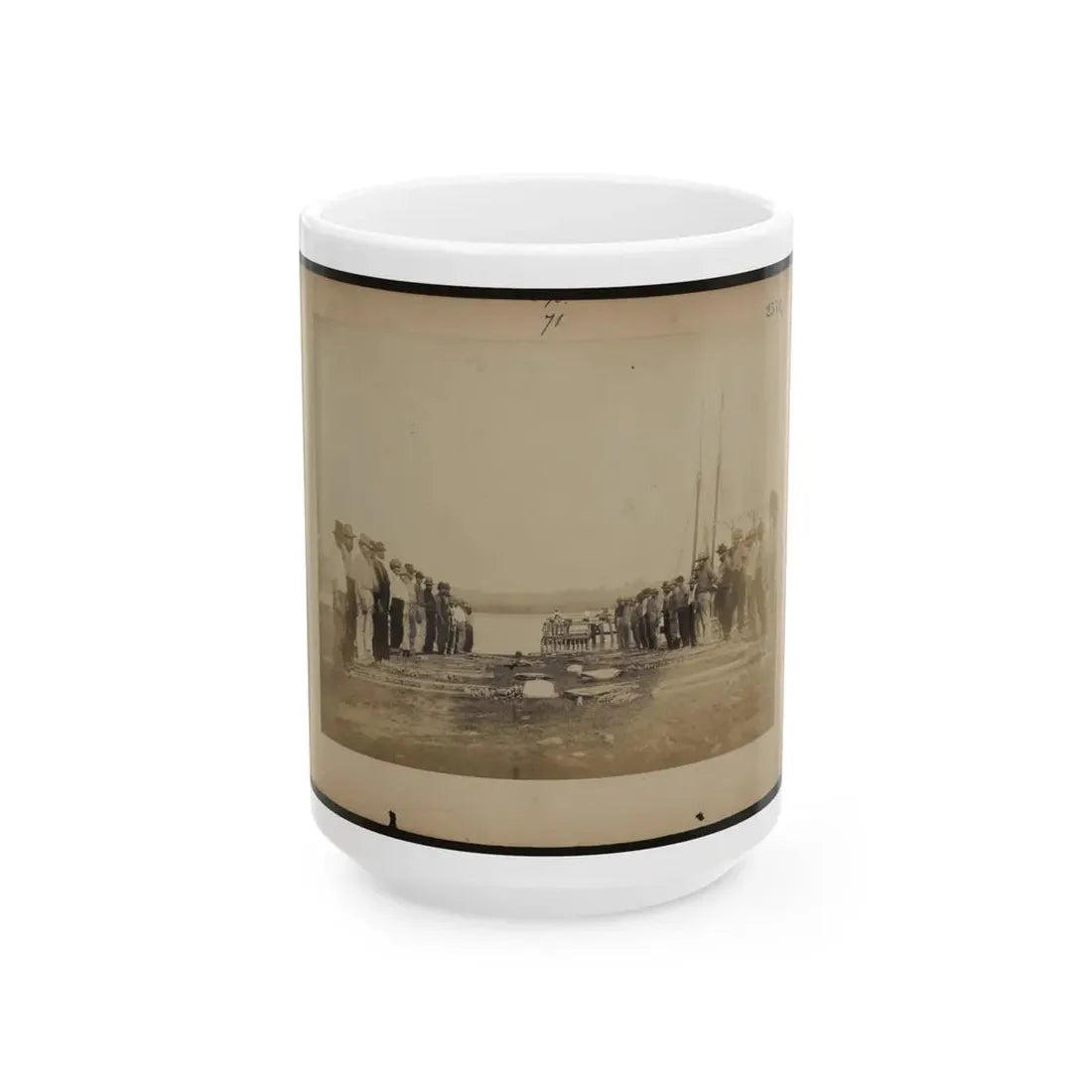Military Construction In Northern Virginia  Men Standing On Potomac River Bank With Blanket Boat Frames Not Yet Assembled (U.S. Civil War) White Coffee Mug 15oz - Go Mug Yourself