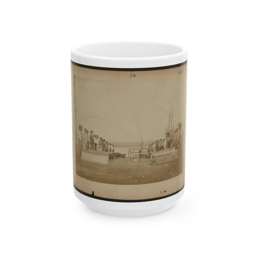 Military Construction In Northern Virginia Men Standing On The Potomac River Bank With Assembled Blanket Boats (U.S. Civil War) White Coffee Mug-15oz-Go Mug Yourself