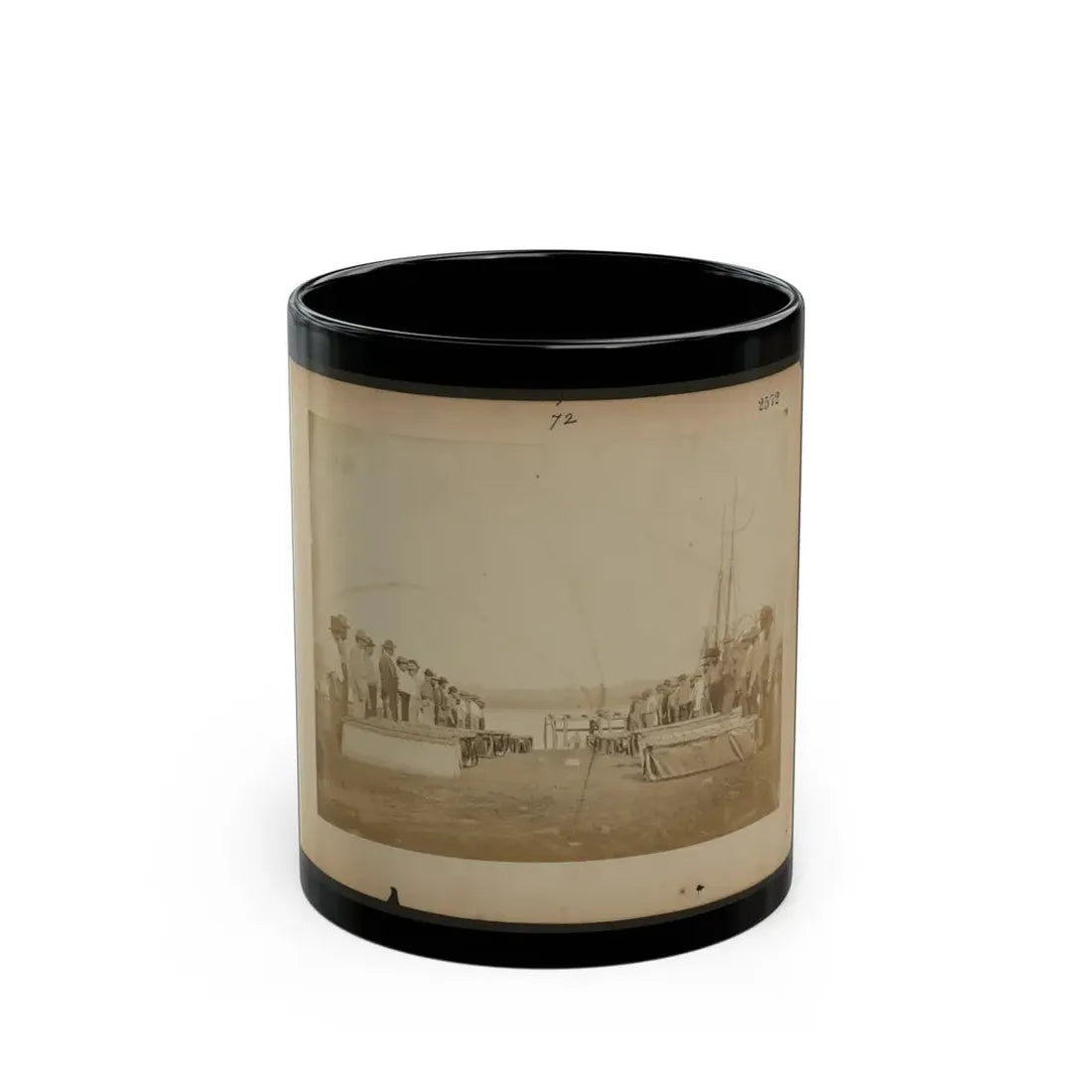 Military Construction In Northern Virginia  Men Standing On The Potomac River Bank With Assembled Blanket Boats (U.S. Civil War) Black Coffee Mug 11oz - Go Mug Yourself