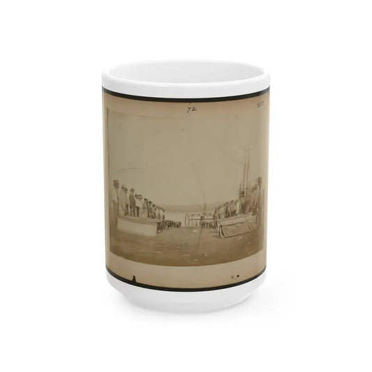 Military Construction In Northern Virginia  Men Standing On The Potomac River Bank With Assembled Blanket Boats (U.S. Civil War) White Coffee Mug 15oz - Go Mug Yourself