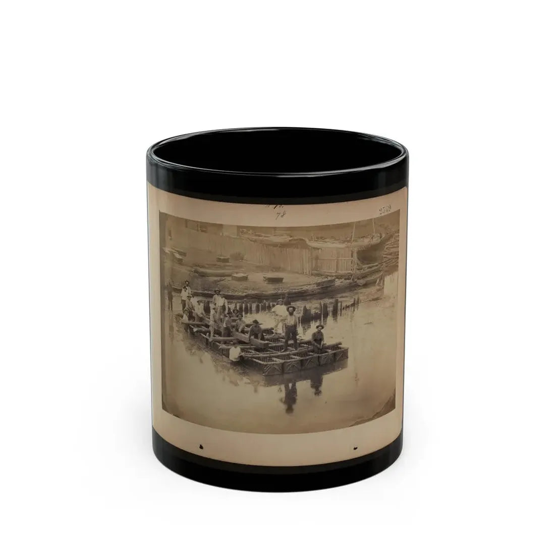 Military Construction In Northern Virginia  Raft Of Blanket Boats Ferrying Men And Timber Across The Potomac River (U.S. Civil War) Black Coffee Mug 11oz - Go Mug Yourself