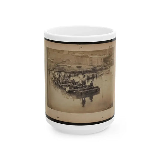 Military Construction In Northern Virginia  Raft Of Blanket Boats Ferrying Men And Timber Across The Potomac River (U.S. Civil War) White Coffee Mug 15oz - Go Mug Yourself