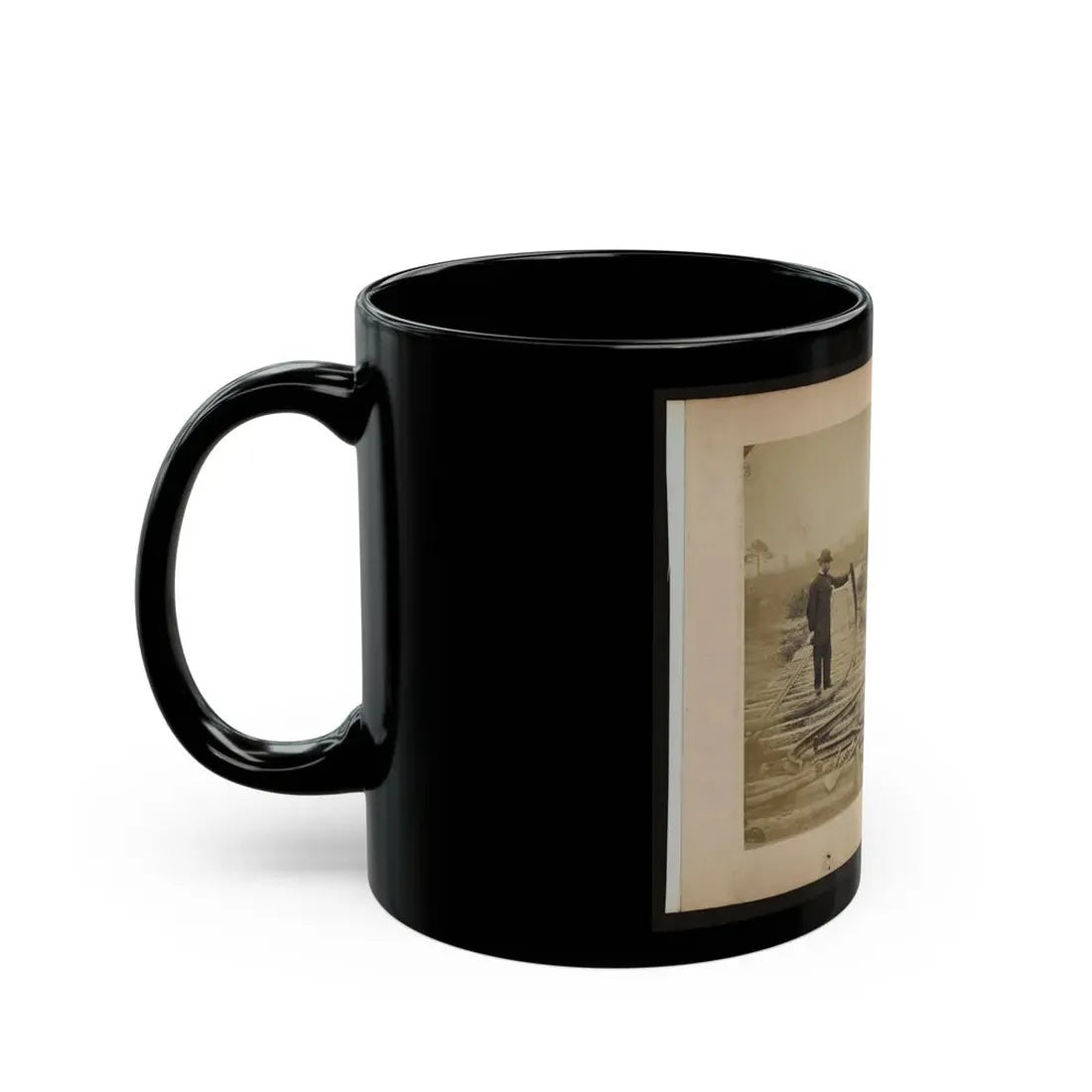 Military Railroad Operations In Northern Virginia  Man Standing On Railroad Tracks Holding Twisted Rail (U.S. Civil War) Black Coffee Mug - Go Mug Yourself