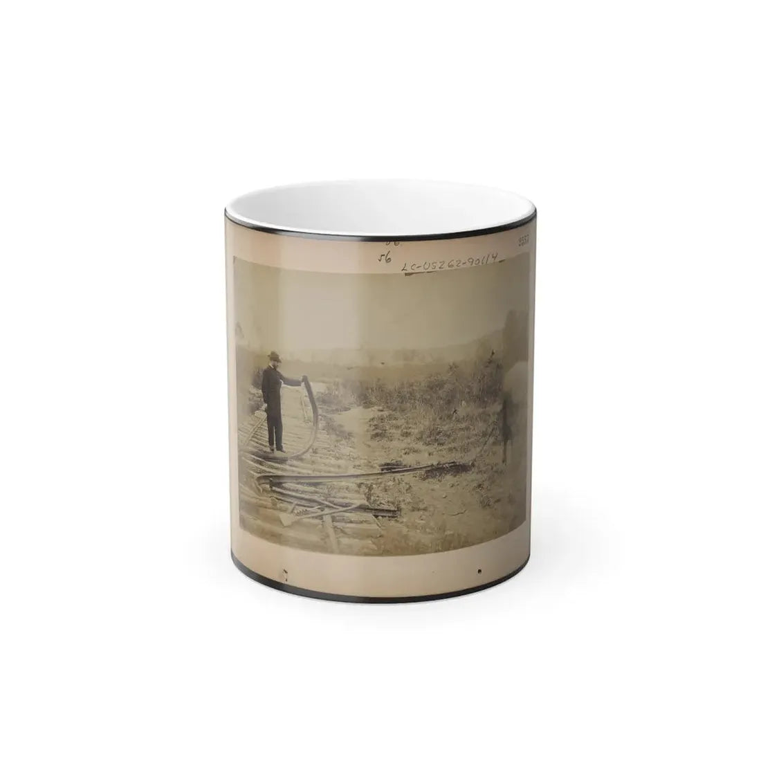 Military Railroad Operations in Northern Virginia  Man Standing on Railroad Tracks Holding Twisted Rail (U.S. Civil War) Color Changing Coffee Mug 11oz - Go Mug Yourself