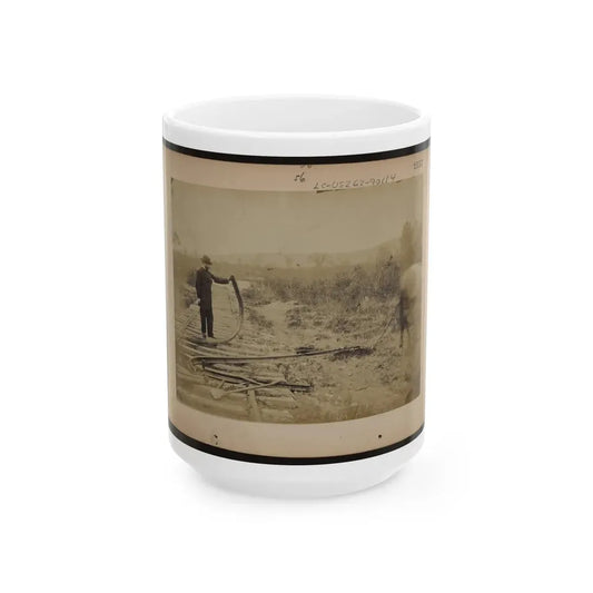 Military Railroad Operations In Northern Virginia  Man Standing On Railroad Tracks Holding Twisted Rail (U.S. Civil War) White Coffee Mug 15oz - Go Mug Yourself