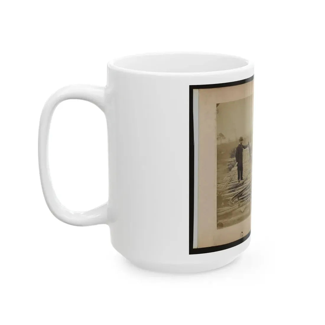 Military Railroad Operations In Northern Virginia  Man Standing On Railroad Tracks Holding Twisted Rail (U.S. Civil War) White Coffee Mug - Go Mug Yourself