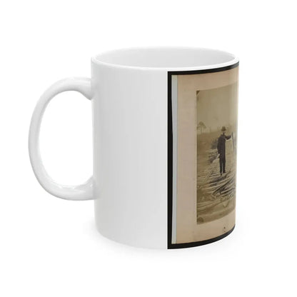 Military Railroad Operations In Northern Virginia  Man Standing On Railroad Tracks Holding Twisted Rail (U.S. Civil War) White Coffee Mug - Go Mug Yourself