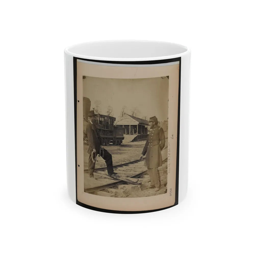 Military Railroad Operations In Northern Virginia Soldier And Another Man Standing At Railroad Tracks In Front Of Locomotive (U.S. Civil War) White Coffee Mug-11oz-Go Mug Yourself