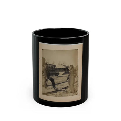Military Railroad Operations In Northern Virginia  Soldier And Another Man Standing At Railroad Tracks In Front Of Locomotive (U.S. Civil War) Black Coffee Mug 11oz - Go Mug Yourself