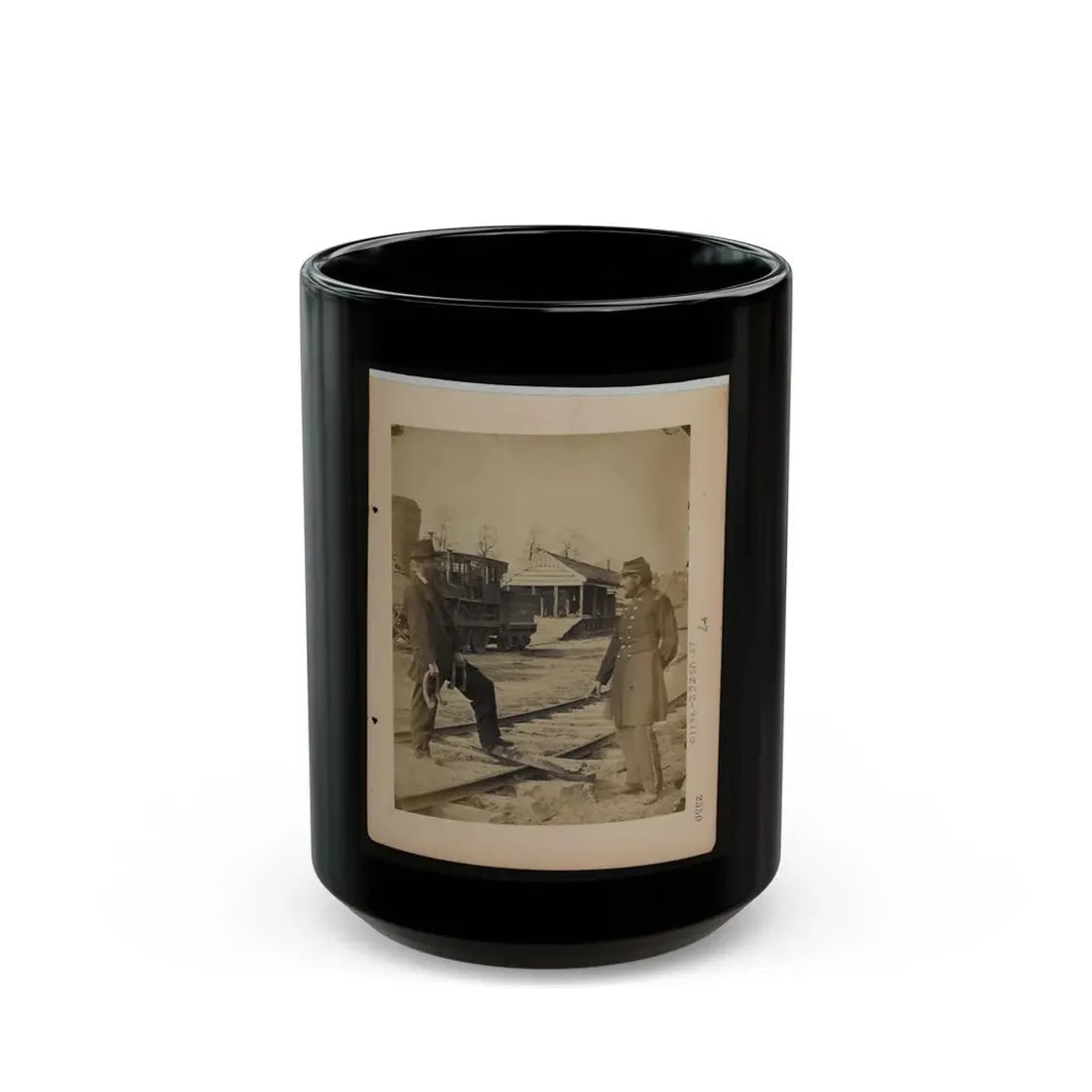 Military Railroad Operations In Northern Virginia  Soldier And Another Man Standing At Railroad Tracks In Front Of Locomotive (U.S. Civil War) Black Coffee Mug 15oz - Go Mug Yourself