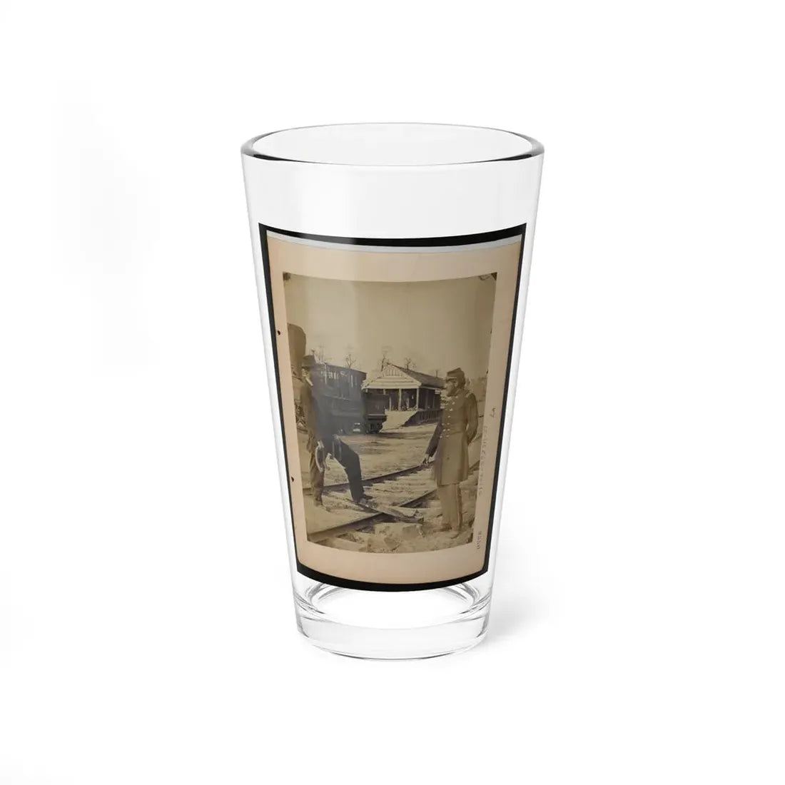 Military Railroad Operations In Northern Virginia  Soldier And Another Man Standing At Railroad Tracks In Front Of Locomotive (U.S. Civil War) Pint Glass 16oz 16oz - Go Mug Yourself