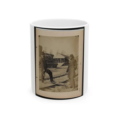 Military Railroad Operations In Northern Virginia  Soldier And Another Man Standing At Railroad Tracks In Front Of Locomotive (U.S. Civil War) White Coffee Mug 11oz - Go Mug Yourself