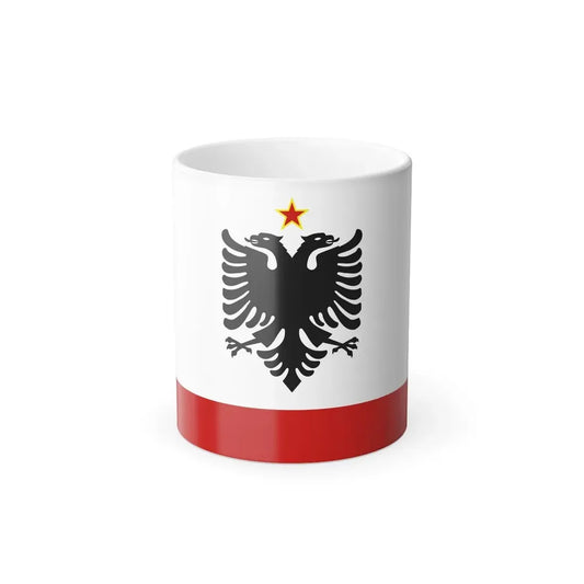 Black double-headed eagle with a red star above it on a white field, with a red band along the bottom.
