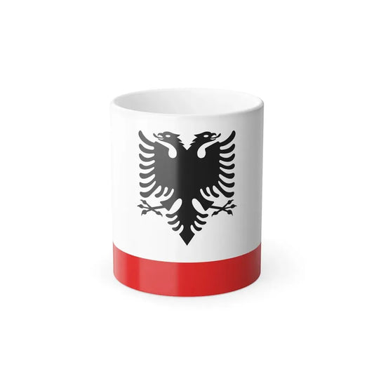 Black double-headed eagle with crossed sceptres centred on a white field above a red bottom band.