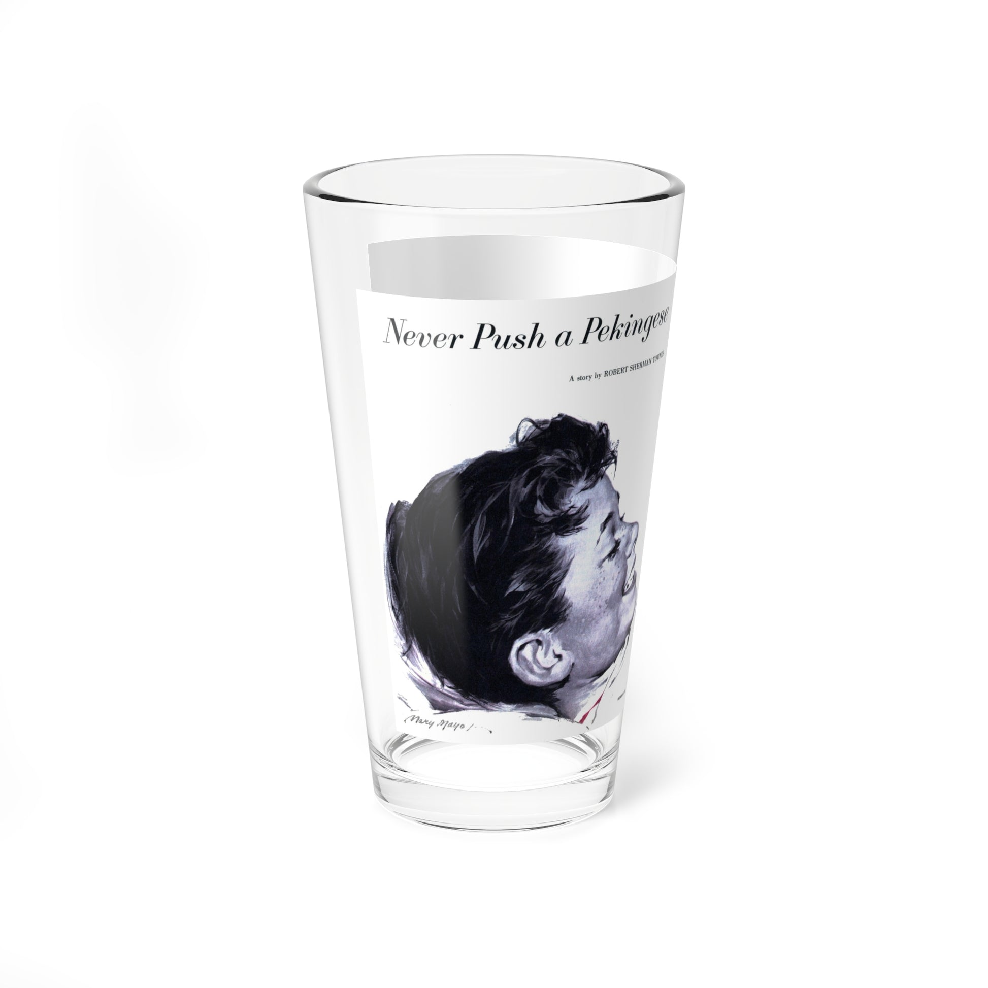 Never Push a Pekingese, Woman's Day, April 1957 (Magazine Illustration) Pint Glass 16oz-Go Mug Yourself