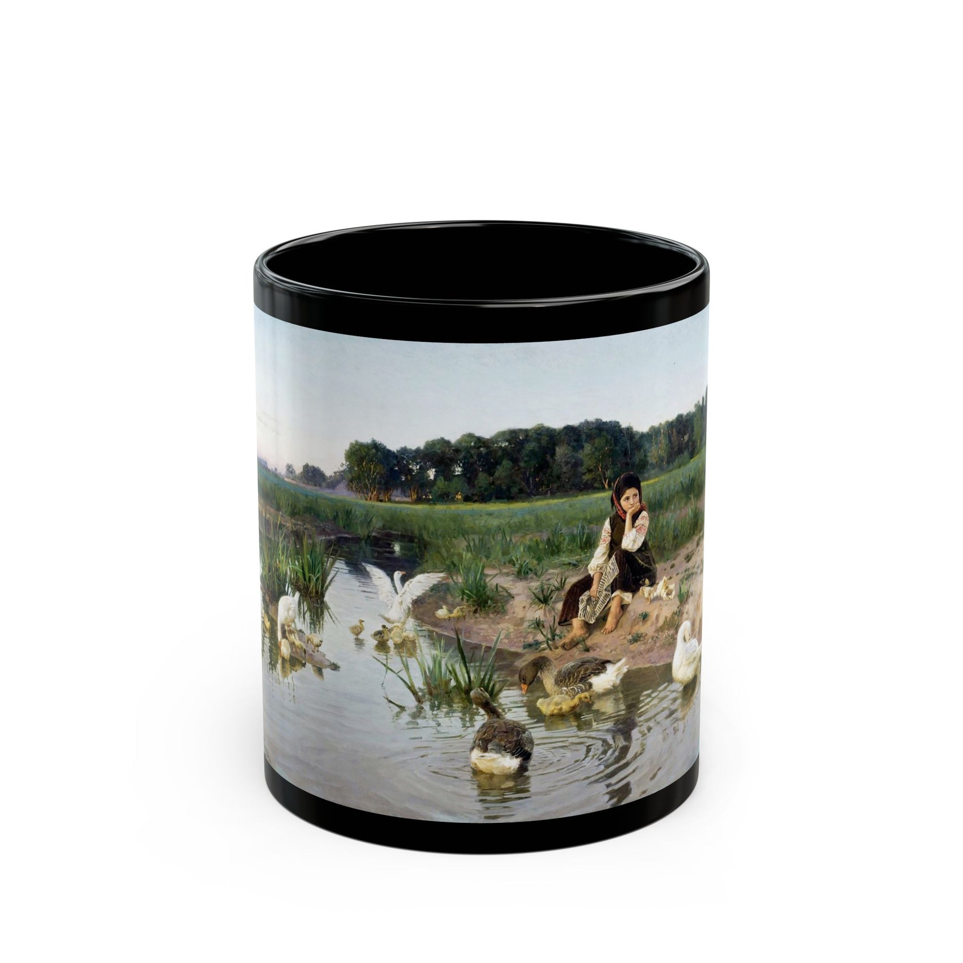 Nikolai Kornilievich Bodarevsky - Ukrainian Girl Tending Geese - Black Coffee Mug-11oz-Go Mug Yourself