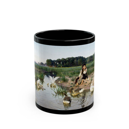 Nikolai Kornilievich Bodarevsky - Ukrainian Girl Tending Geese - Black Coffee Mug-11oz-Go Mug Yourself