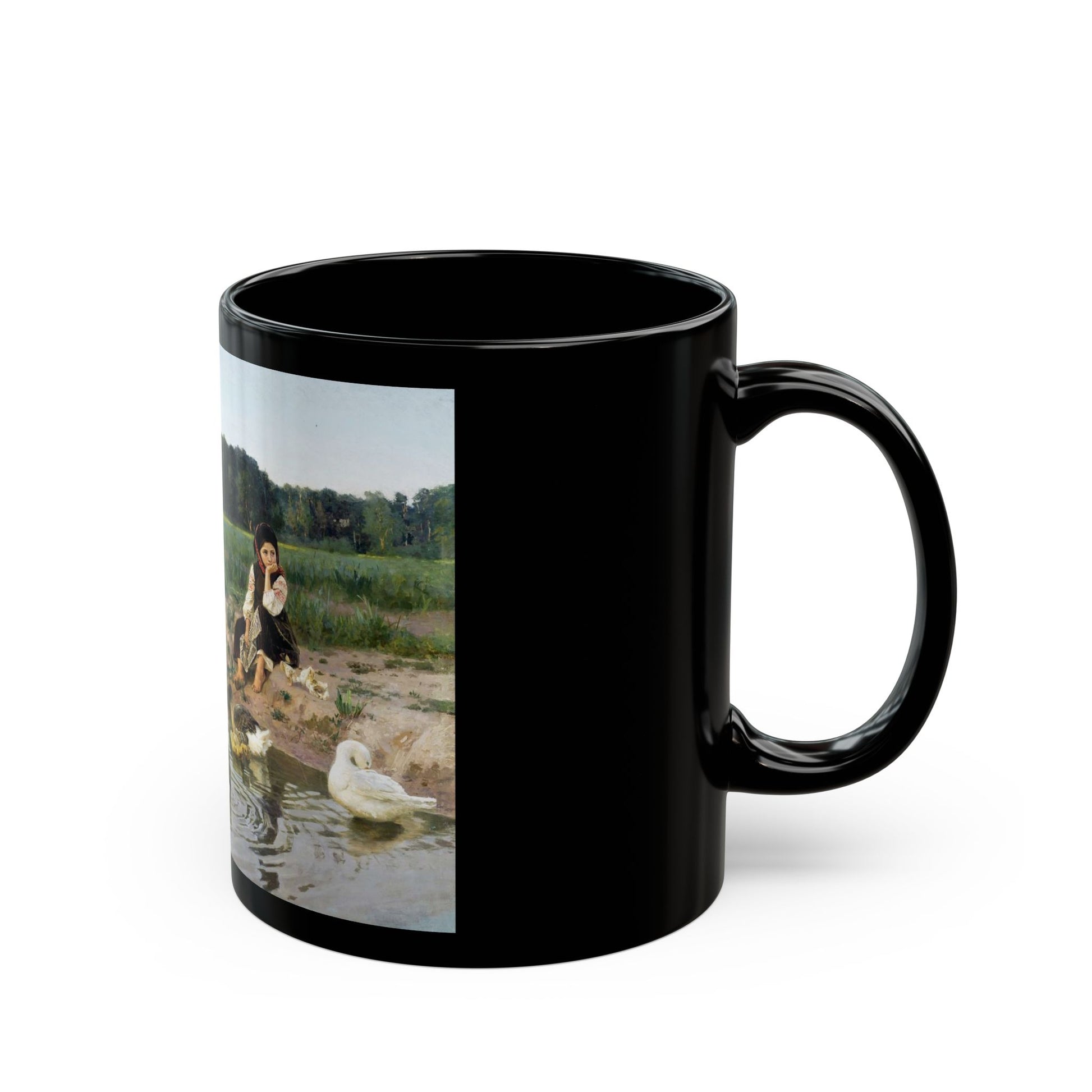 Nikolai Kornilievich Bodarevsky - Ukrainian Girl Tending Geese - Black Coffee Mug-Go Mug Yourself