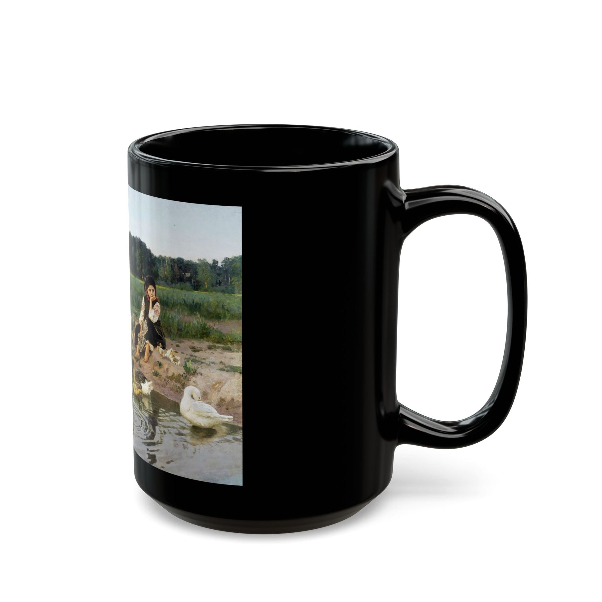 Nikolai Kornilievich Bodarevsky - Ukrainian Girl Tending Geese - Black Coffee Mug-Go Mug Yourself