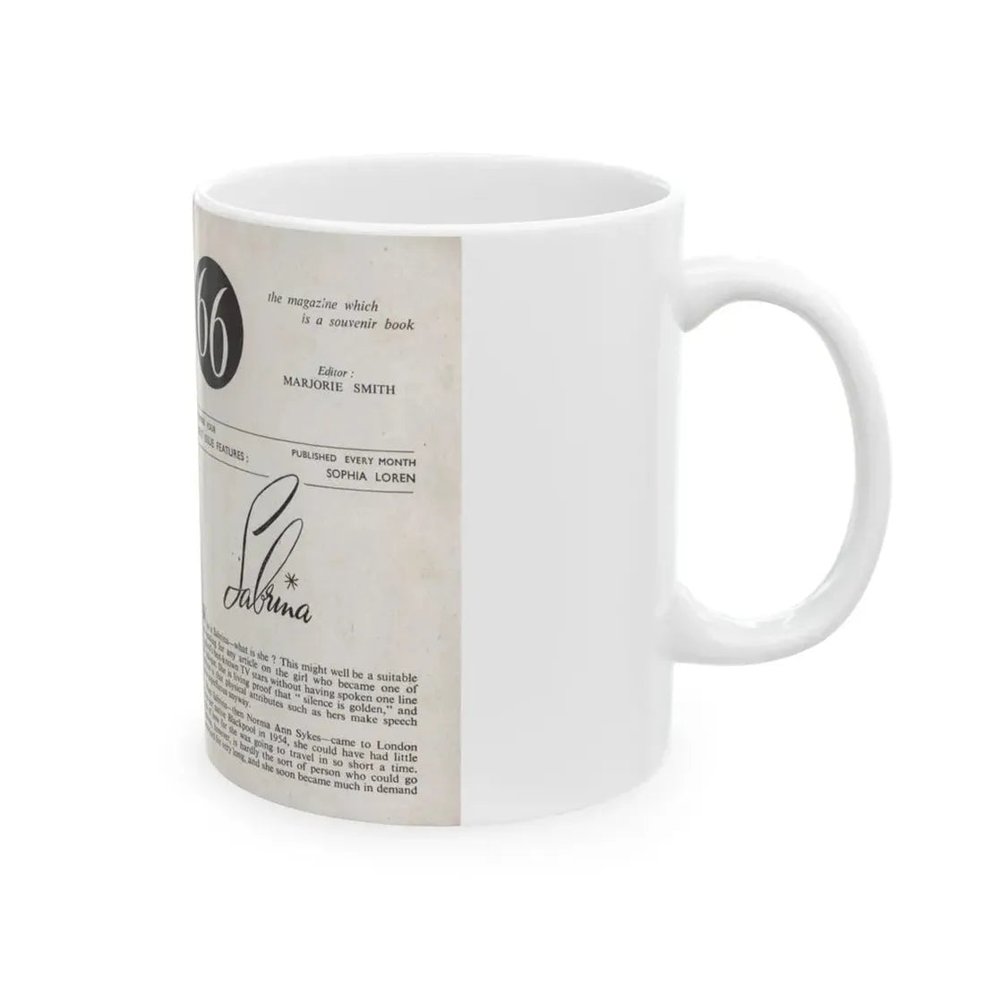 Norma Sykes #136 - 66 PHOTOGRAPHS OF Sabrina U.K. Pocket Mag. Front Cover Pages 2 & 3 (Vintage Female Icon) White Coffee Mug - Go Mug Yourself