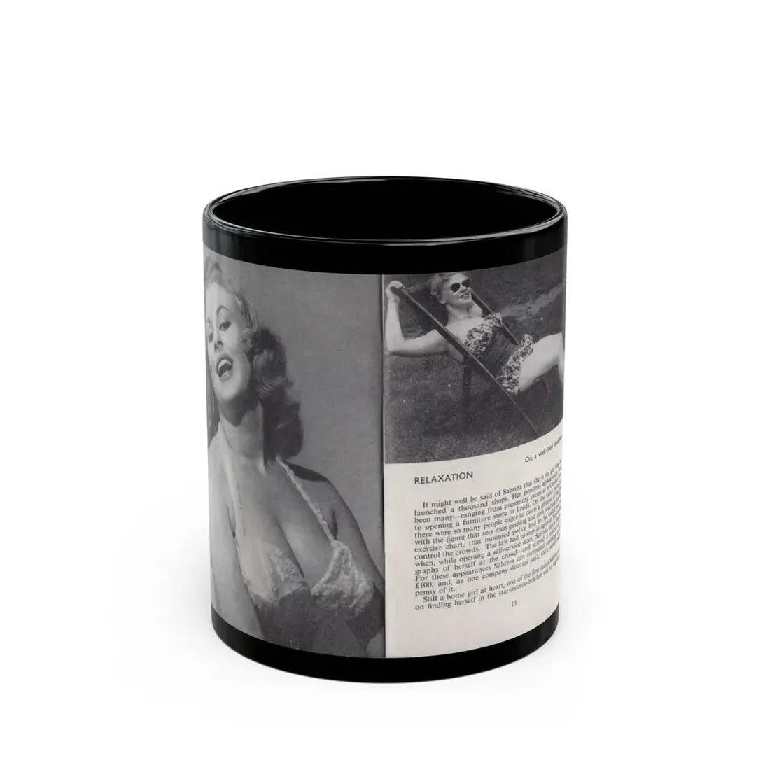 Norma Sykes #141 - 66 PHOTOGRAPHS OF Sabrina U.K. Pocket Mag. Pages 12 & 13 (Vintage Female Icon) Black Coffee Mug 11oz - Go Mug Yourself