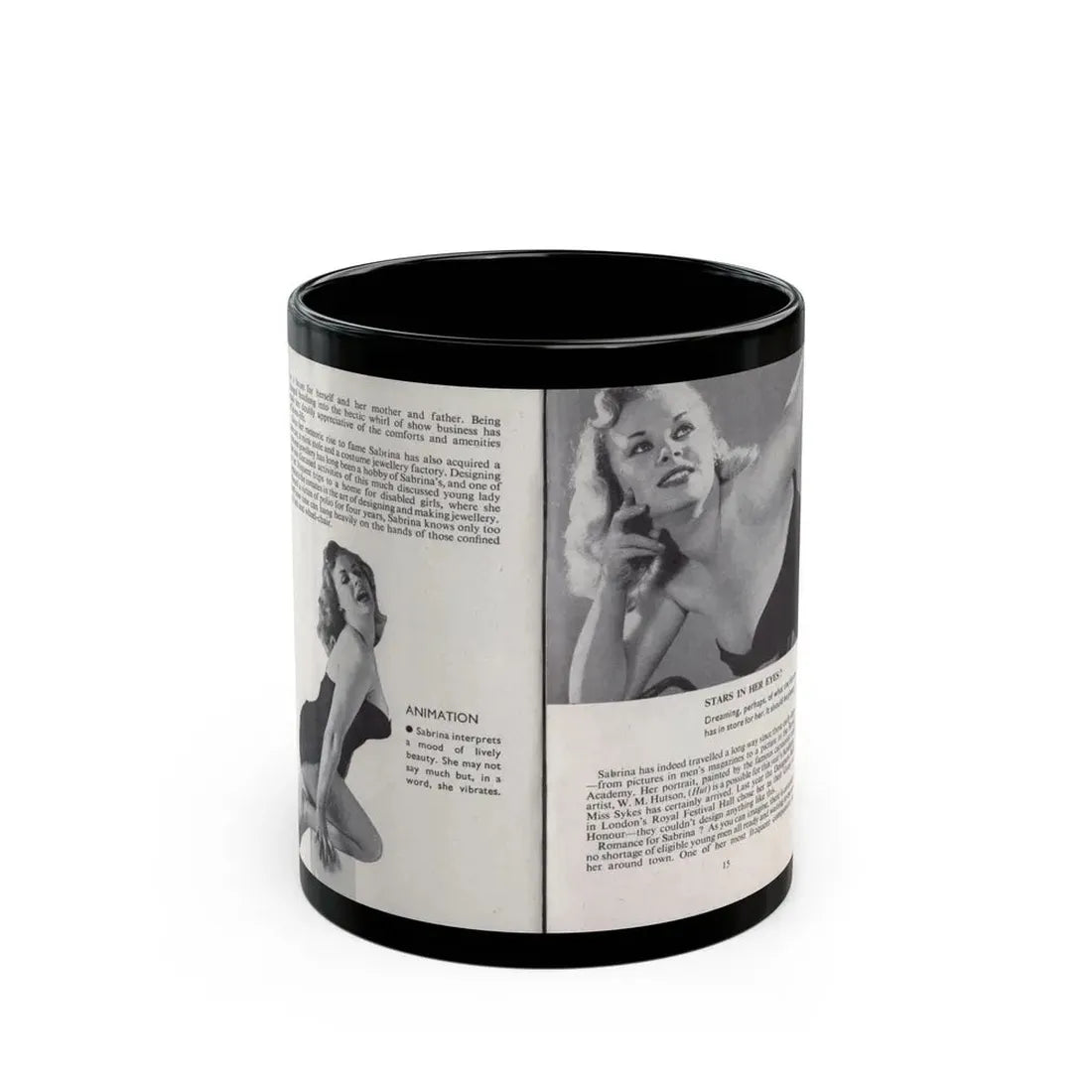 Norma Sykes #142 - 66 PHOTOGRAPHS OF Sabrina U.K. Pocket Mag. Pages 14 & 15 (Vintage Female Icon) Black Coffee Mug 11oz - Go Mug Yourself