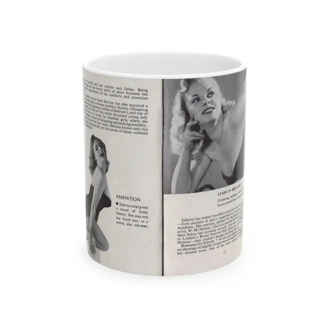Norma Sykes #142 - 66 PHOTOGRAPHS OF Sabrina U.K. Pocket Mag. Pages 14 & 15 (Vintage Female Icon) White Coffee Mug 11oz - Go Mug Yourself