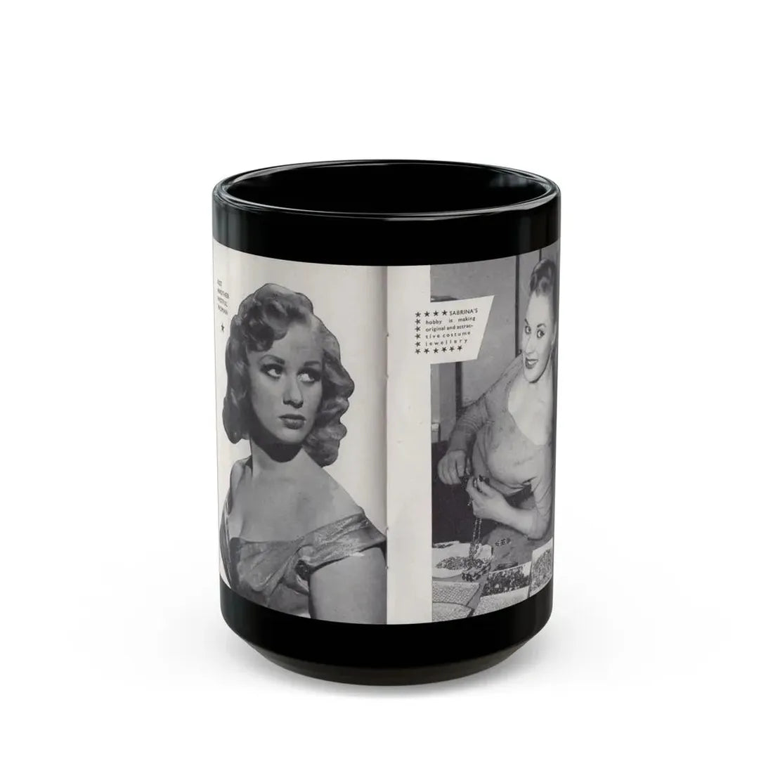 Norma Sykes #150 - 66 PHOTOGRAPHS OF Sabrina U.K. Pocket Mag. Pages 30 & 31 (Vintage Female Icon) Black Coffee Mug 15oz - Go Mug Yourself