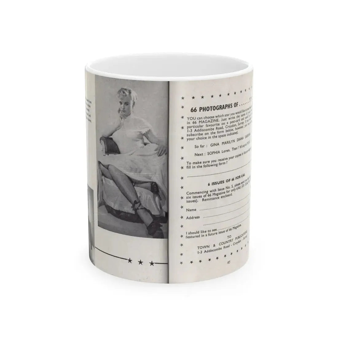 Norma Sykes #157 - 66 PHOTOGRAPHS OF Sabrina U.K. Pocket Mag. Pages 44 & 45 (Vintage Female Icon) White Coffee Mug 11oz - Go Mug Yourself