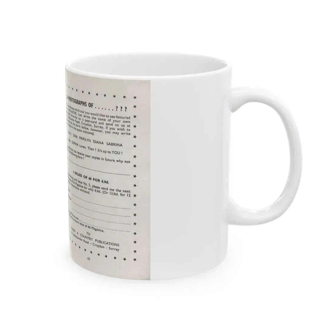 Norma Sykes #157 - 66 PHOTOGRAPHS OF Sabrina U.K. Pocket Mag. Pages 44 & 45 (Vintage Female Icon) White Coffee Mug - Go Mug Yourself