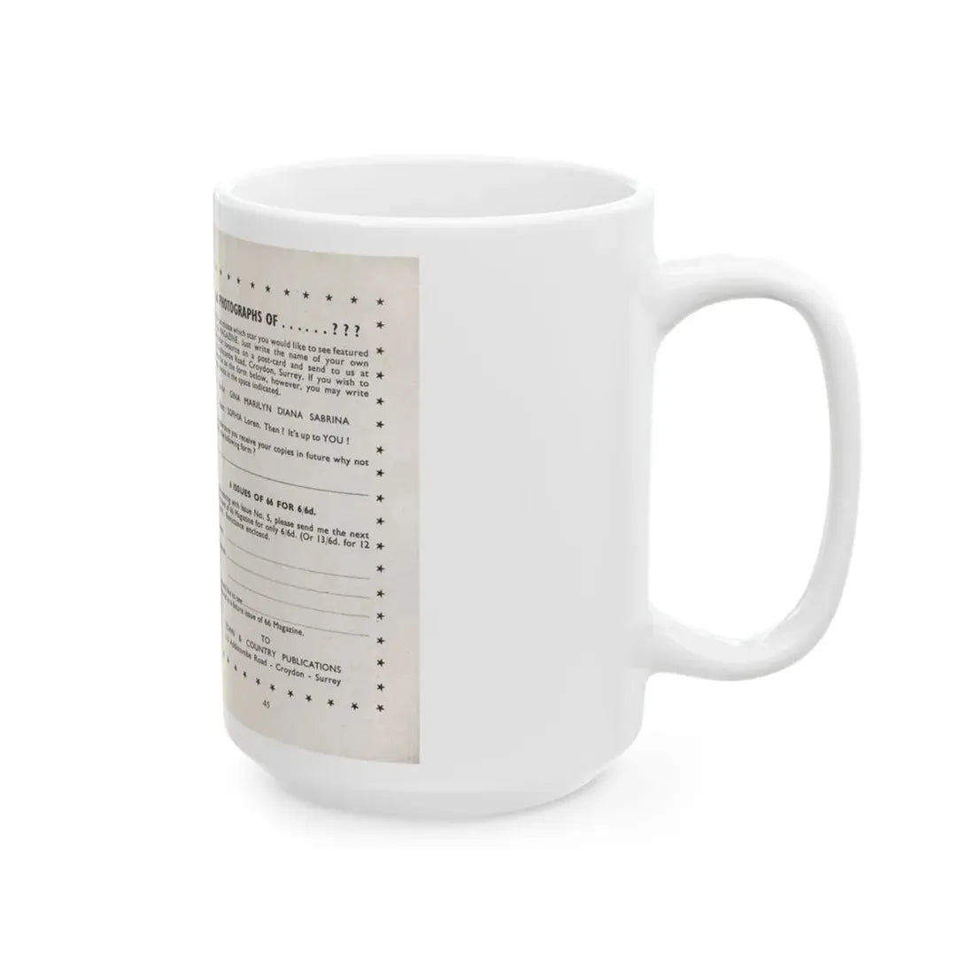 Norma Sykes #157 - 66 PHOTOGRAPHS OF Sabrina U.K. Pocket Mag. Pages 44 & 45 (Vintage Female Icon) White Coffee Mug - Go Mug Yourself
