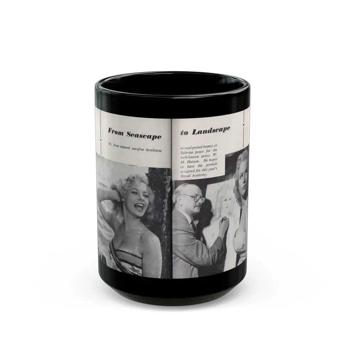 Norma Sykes #160 - 66 PHOTOGRAPHS OF Sabrina U.K. Pocket Mag. Pages 50 & 51 (Vintage Female Icon) Black Coffee Mug 15oz - Go Mug Yourself