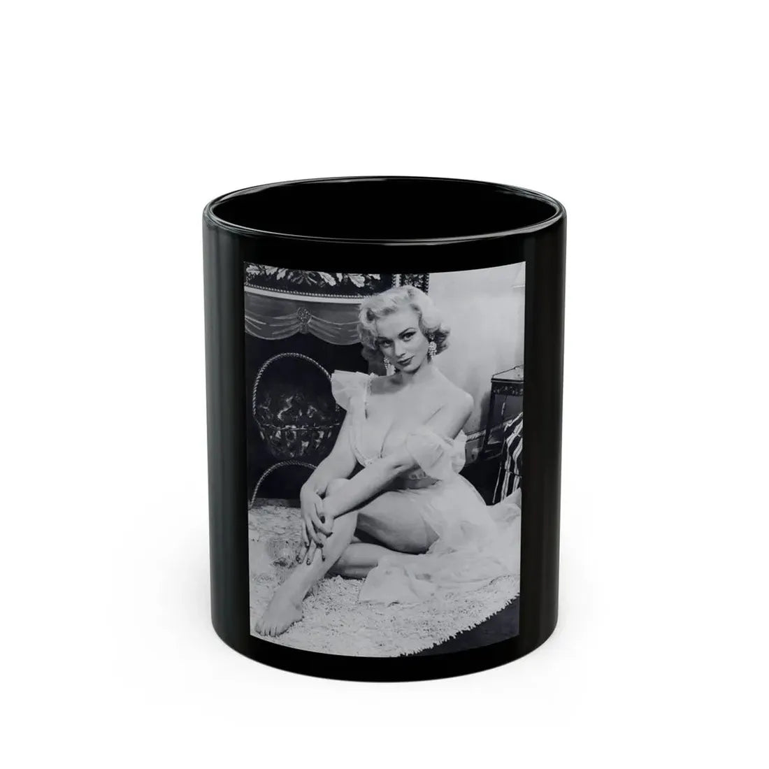 Norma Sykes #186 - [Page 28] Pages 1 of 1 with, 1 B&W Full Body Photo except right foot from Cabaret Aug. '57 Page 28 (Vintage Female Icon) Black Coffee Mug 11oz - Go Mug Yourself