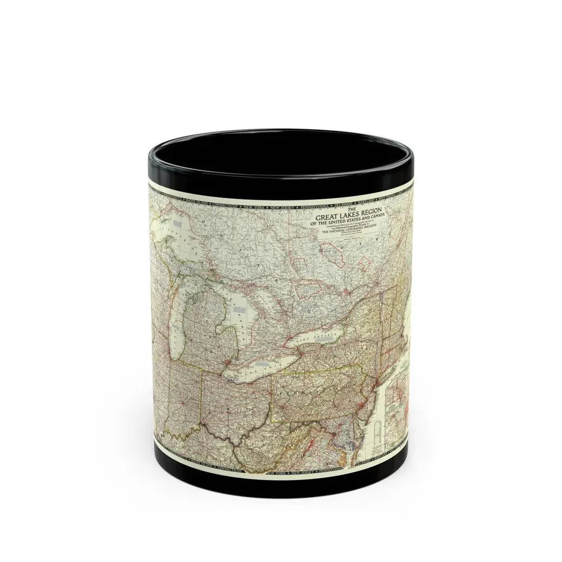 North America - The Great Lakes Region (1953) (Map) Black Coffee Mug 11oz - Go Mug Yourself