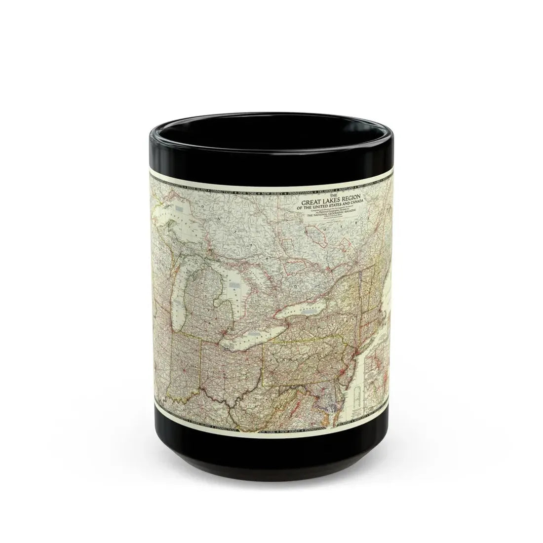 North America - The Great Lakes Region (1953) (Map) Black Coffee Mug 15oz - Go Mug Yourself