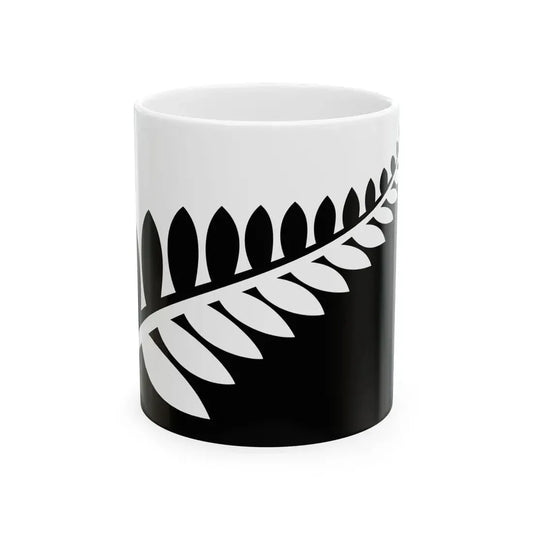 NZ flag design Silver Fern Black  White by Alofi Kanter (New Zealand) White Coffee Mug 11oz - Go Mug Yourself