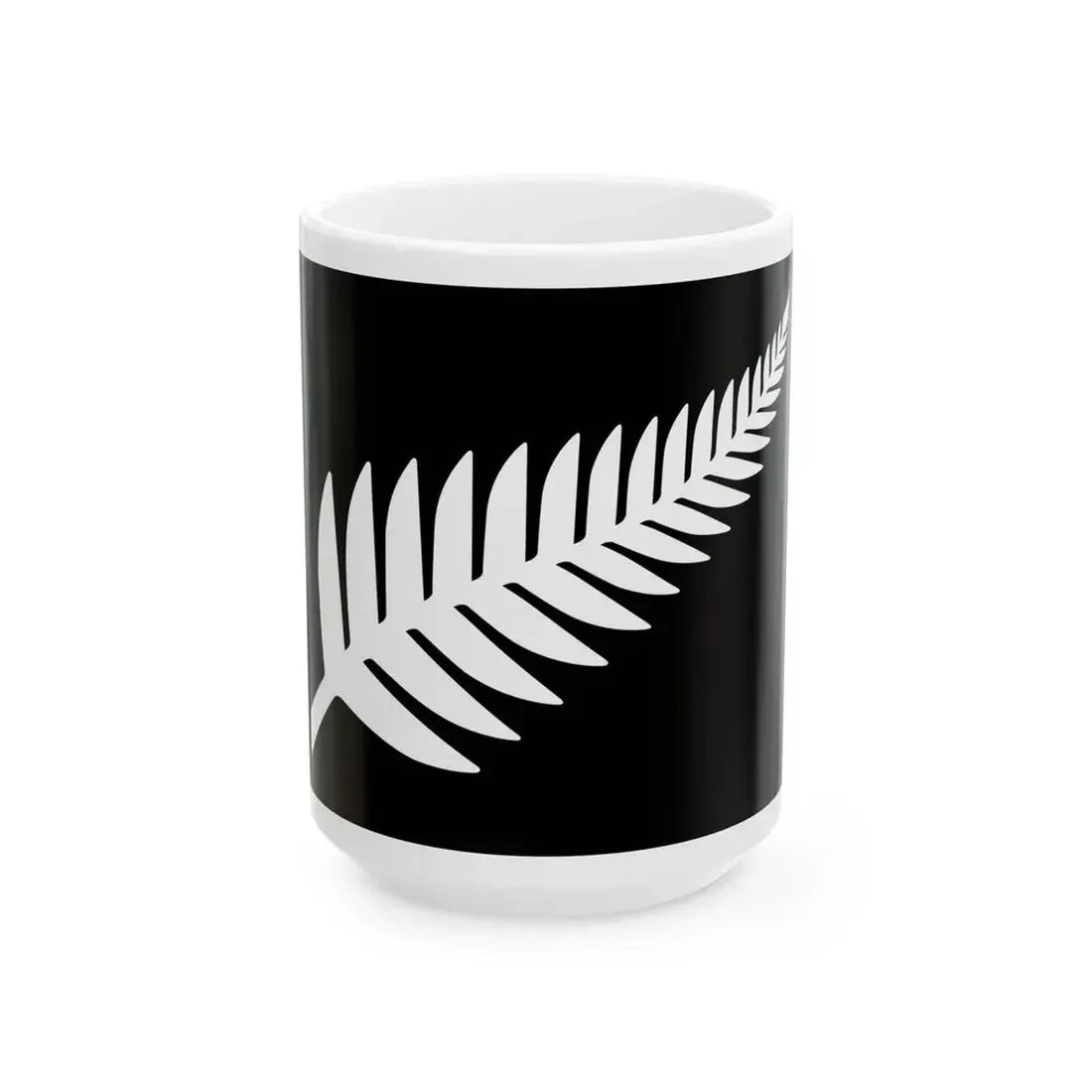 NZ flag design Silver Fern Black  White by Kyle Lockwood (New Zealand) White Coffee Mug 15oz - Go Mug Yourself