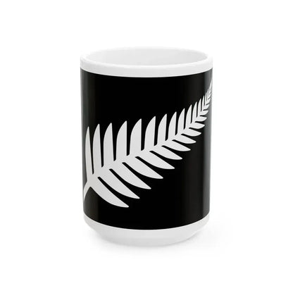 NZ flag design Silver Fern Black  White by Kyle Lockwood (New Zealand) White Coffee Mug 15oz - Go Mug Yourself