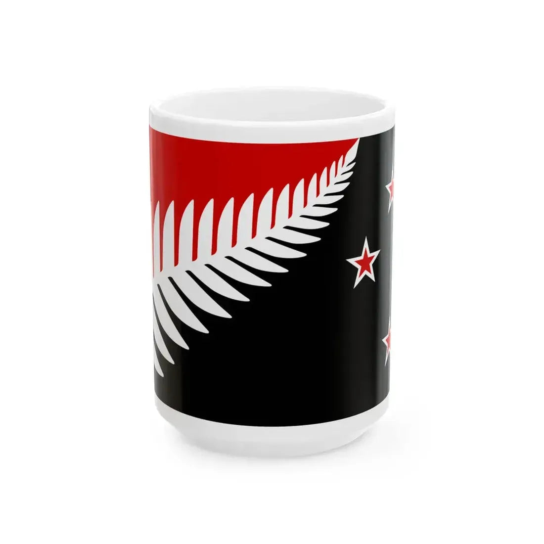 NZ flag design Silver Fern Black White  Red by Kyle Lockwood (New Zealand) White Coffee Mug 15oz - Go Mug Yourself