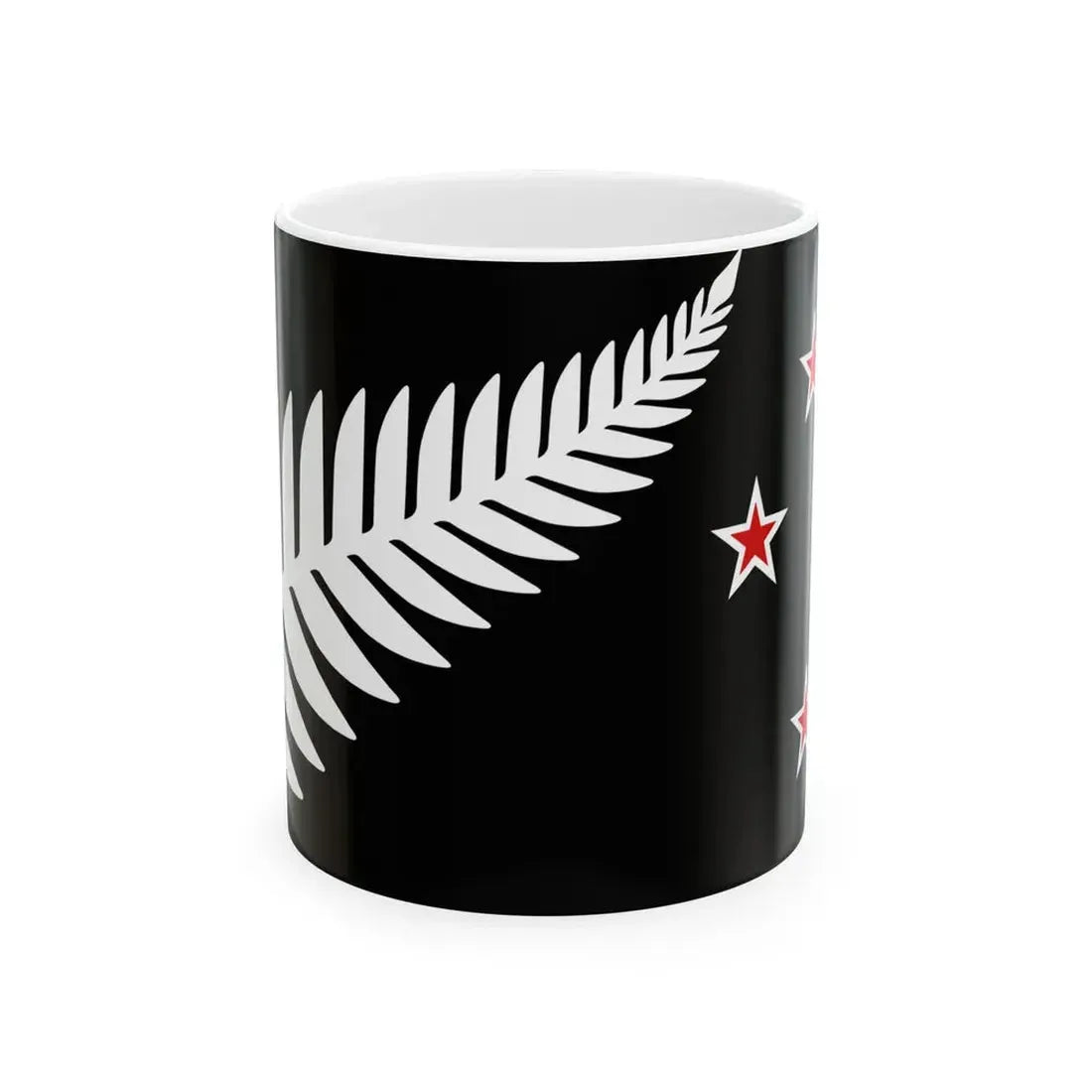 NZ flag design Silver Fern Black with Red Stars by Kyle Lockwood (New Zealand) White Coffee Mug 11oz - Go Mug Yourself
