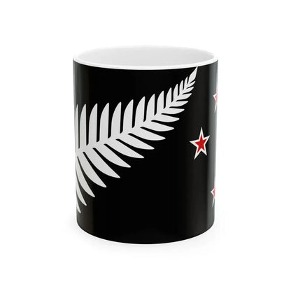 NZ flag design Silver Fern Black with Red Stars by Kyle Lockwood (New Zealand) White Coffee Mug 11oz - Go Mug Yourself