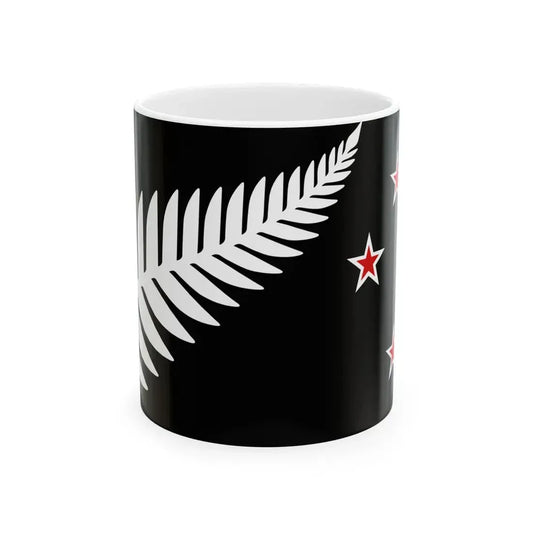 NZ flag design Silver Fern Black with Red Stars by Kyle Lockwood (New Zealand) White Coffee Mug 11oz - Go Mug Yourself