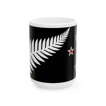 NZ flag design Silver Fern Black with Red Stars by Kyle Lockwood (New Zealand) White Coffee Mug 15oz - Go Mug Yourself