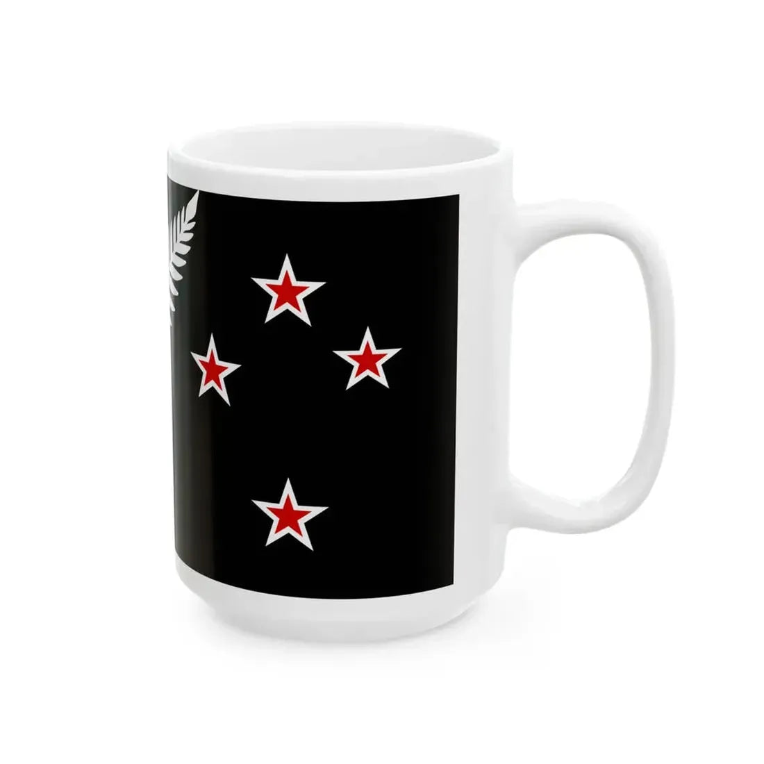 NZ flag design Silver Fern Black with Red Stars by Kyle Lockwood (New Zealand) White Coffee Mug - Go Mug Yourself