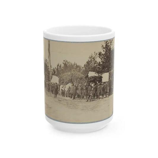 Officers Stand In Line By A Flagpole (U.S. Civil War) White Coffee Mug 15oz - Go Mug Yourself