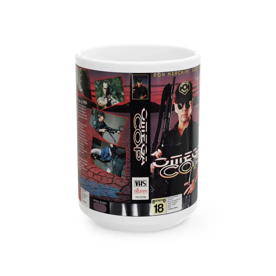 OMEGA COP RON MARCHINI (VHS COVER) - White Coffee Mug 15oz - Go Mug Yourself