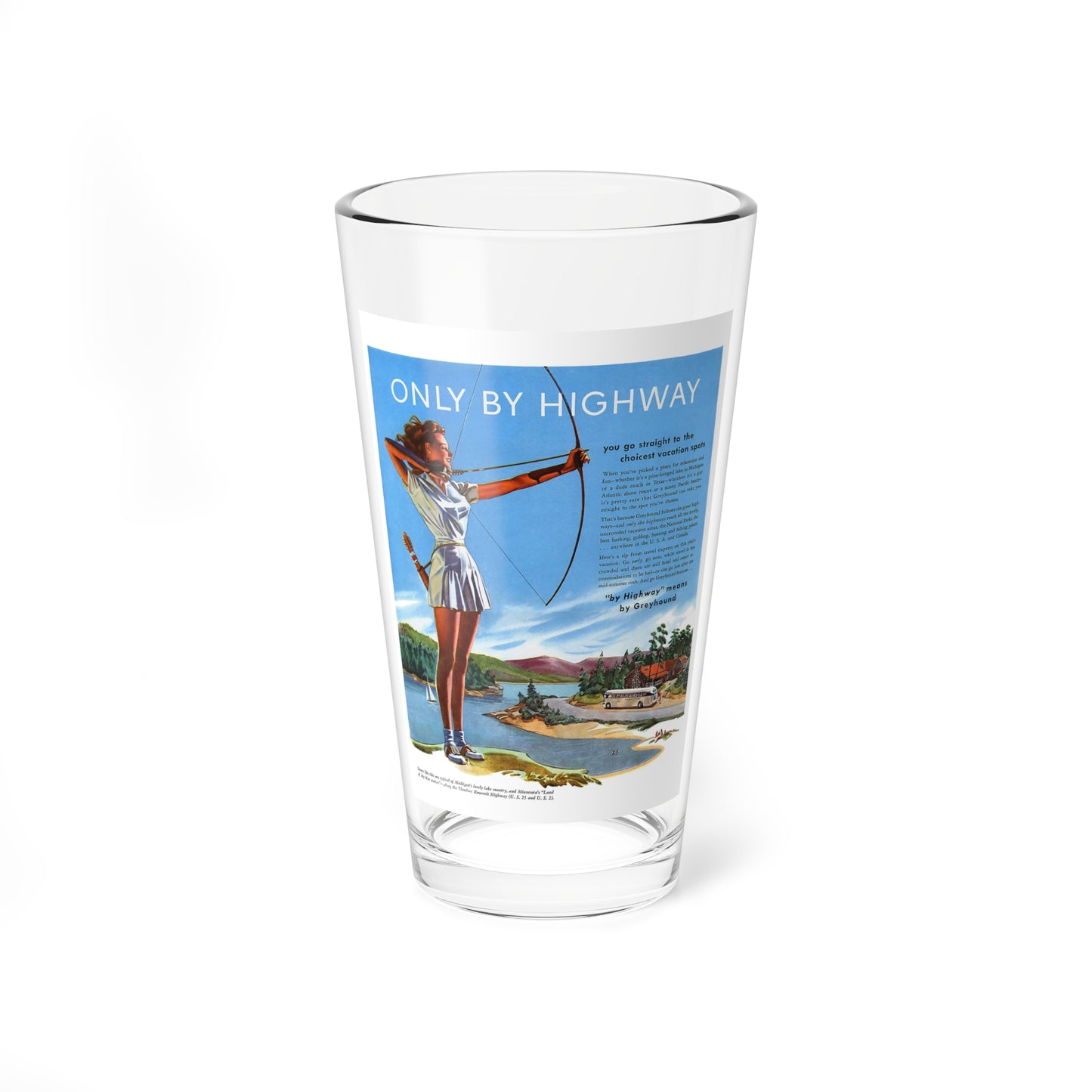 Only By Highway (1), Greyhound advertisement, 1946 (Magazine Illustration) Pint Glass 16oz-16oz-Go Mug Yourself