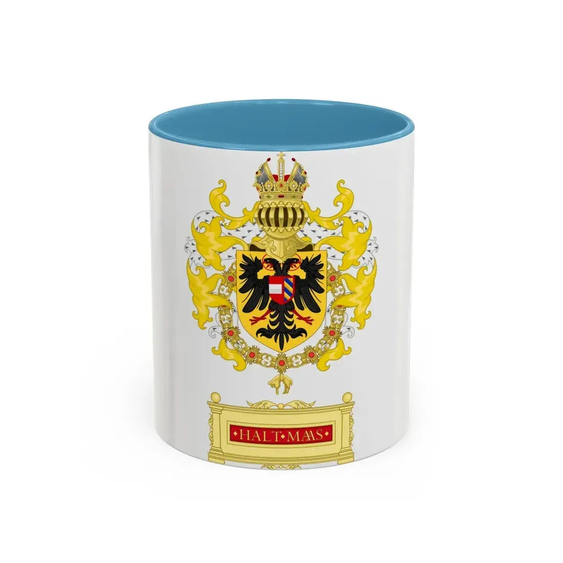 Ornamented Coat of Arms of Maximilian I, Holy Roman Emperor - Accent Coffee Mug 11oz Light Blue - Go Mug Yourself