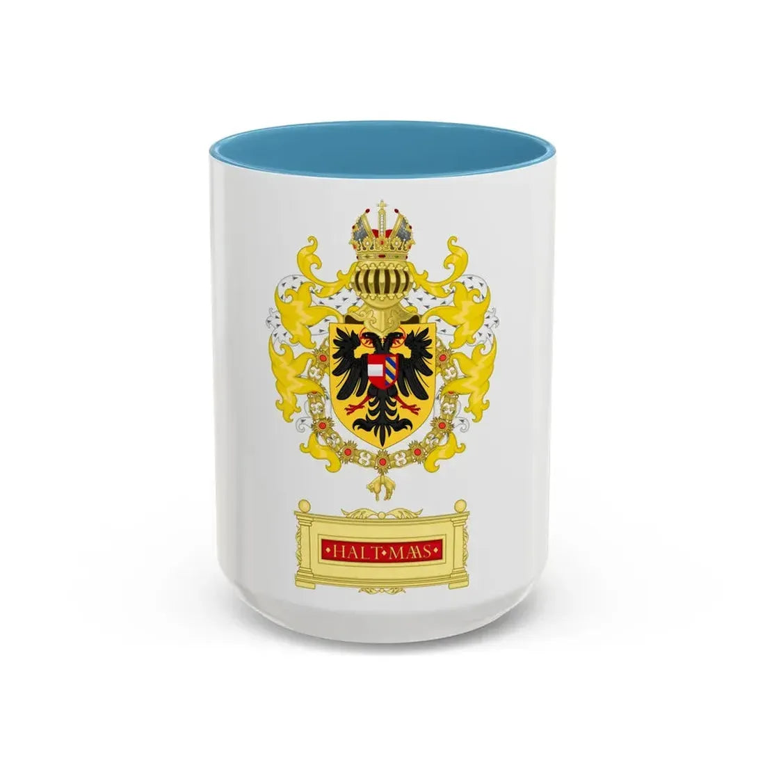 Ornamented Coat of Arms of Maximilian I, Holy Roman Emperor - Accent Coffee Mug 15oz Light Blue - Go Mug Yourself
