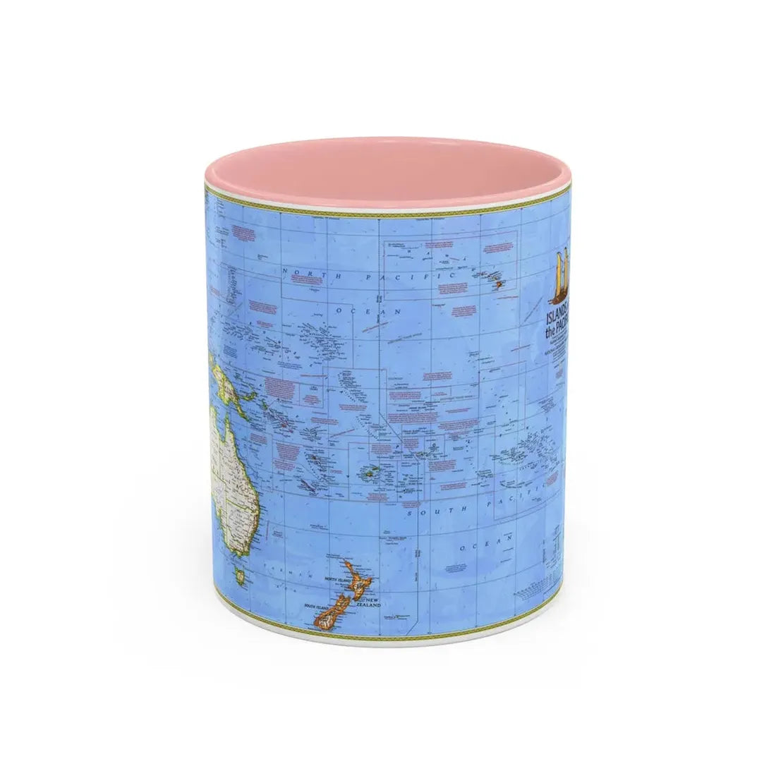 Pacific - Islands of the (1974) (Map) Accent Coffee Mug 11oz Pink - Go Mug Yourself